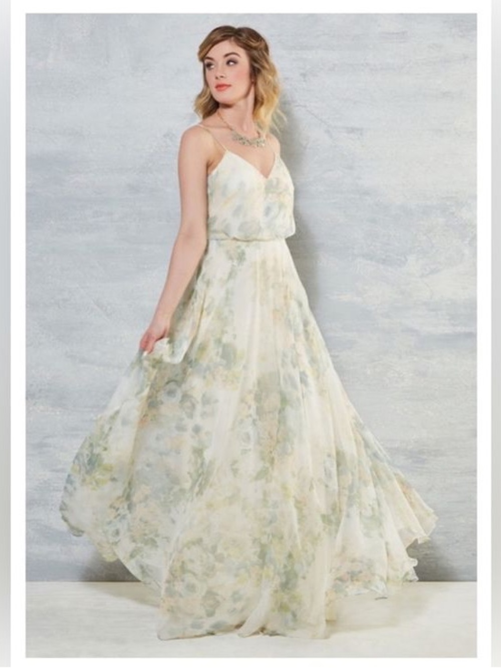 Jenny Yoo Collection Inesse V-neck Chiffon Gown Vintage Floral Ivory Sage Multi